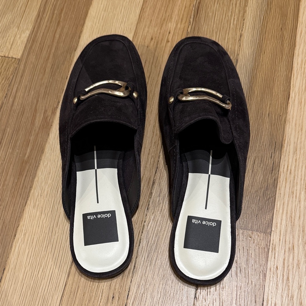 Dolce Vita Black Suede Chocolate Brown Slip-On Loafers with Gold Accent